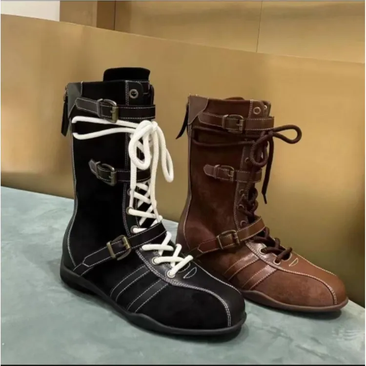 牛皮版~5cm内厚底拳击靴女升级版猎鸭靴皮带扣设计马丁靴短靴成年