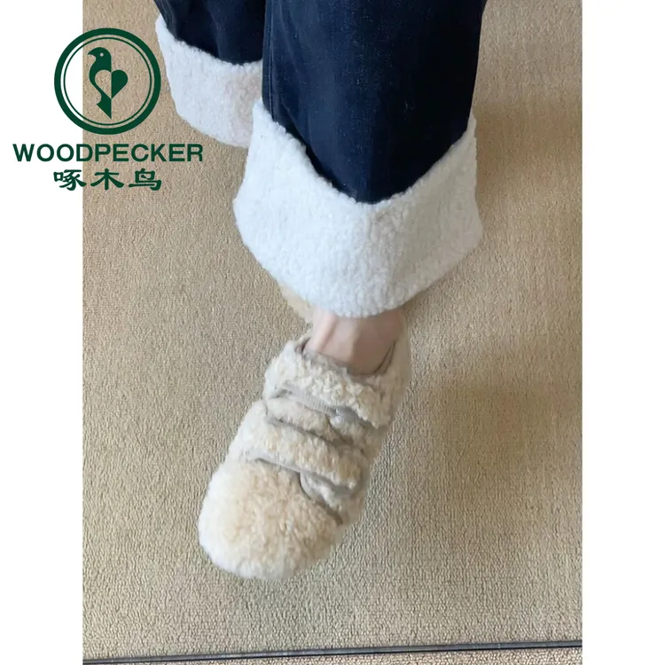 啄木鸟可爱全包小棉鞋女皮毛一体魔术贴平底毛毛鞋加绒保暖单鞋女