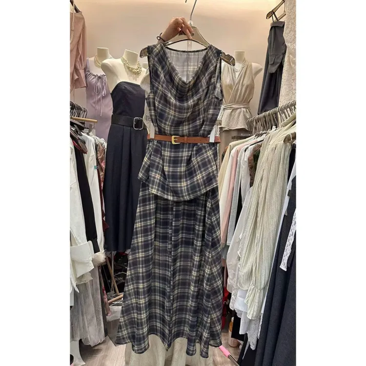 【送腰带】套装格子荡领吊带背心女夏季高腰半身裙大摆裙两件套