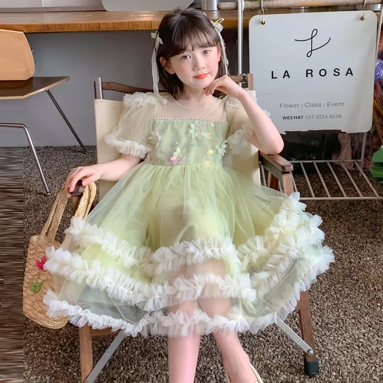 女童夏装连衣裙2025新款儿童洋气女孩夏季裙子立体花朵网纱公主裙