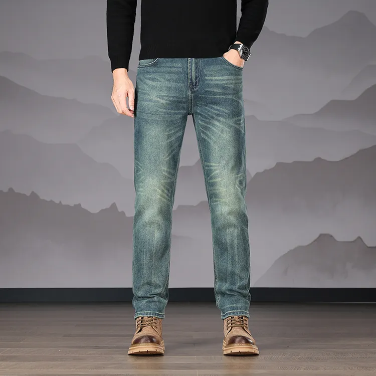 2025新款复古蓝牛仔裤男士秋冬重工水洗潮流时尚百搭合体小直筒