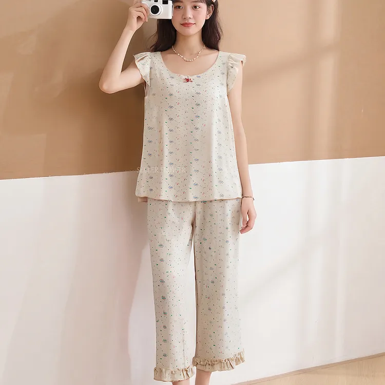 韩版小花睡衣女士螺纹莫代尔家居服无袖七分裤可外穿弹力大码透气