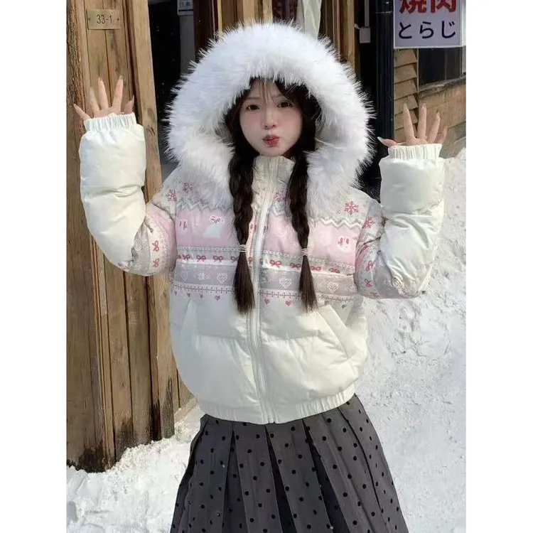 美式复古雪花兔子印花毛领连帽棉服女冬季新款百搭保暖面包服外套