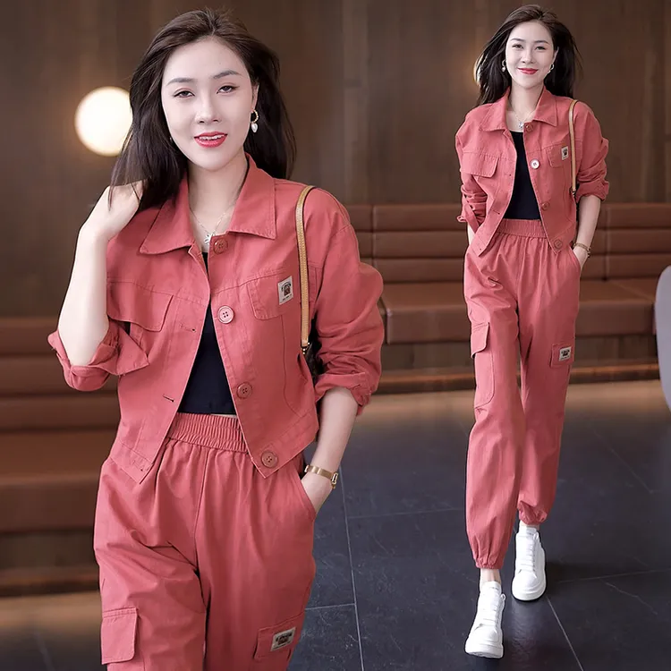 极简风时尚套装女2025秋季新款减龄韩版短外套哈伦裤工装两件套潮