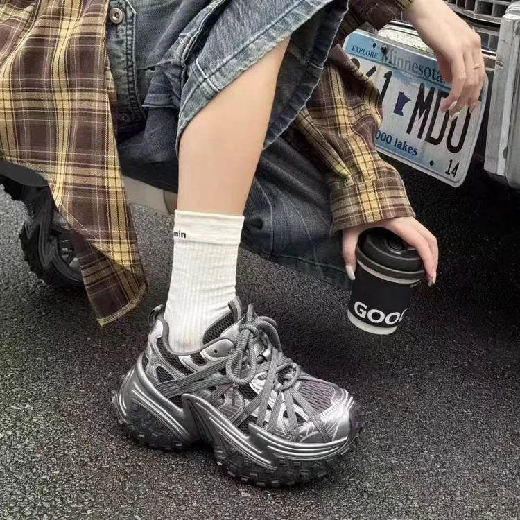 小众ins欧货厚底增高6cm轮胎鞋女老爹鞋白色绑带轻便运动休闲鞋女