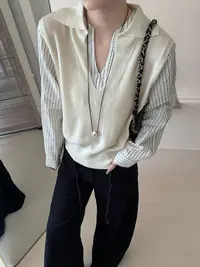 秋季拼色百搭上衣拼接衬衫翻领女休闲针织毛针织衫