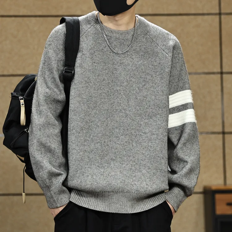 美式重磅撞色条纹毛衣男士2026秋冬季新款圆领休闲复古针织衫卫衣