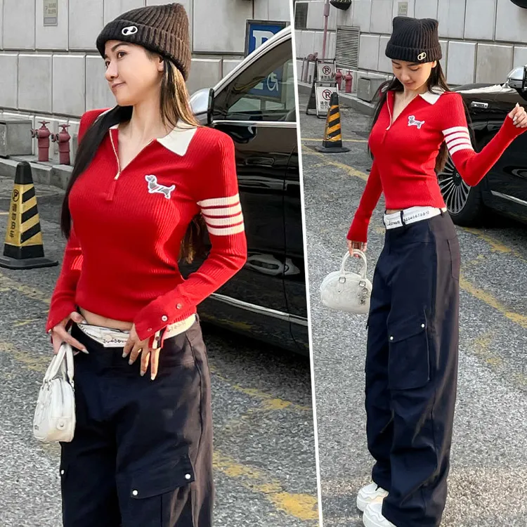 酷辣休闲时尚套装女2024秋冬新款洋气红色针织衫阔腿工装裤两件套