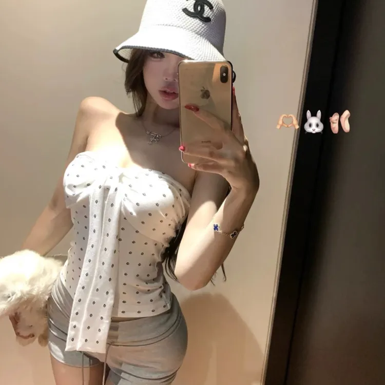 【小狗爪抹胸】带胸垫！波点可爱满印小狗爪系带抹胸辣妹收腰内搭