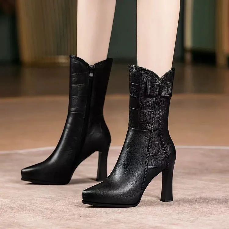 真软皮短靴中筒2025秋冬季新款百搭加绒防水尖头马丁靴子棉鞋女