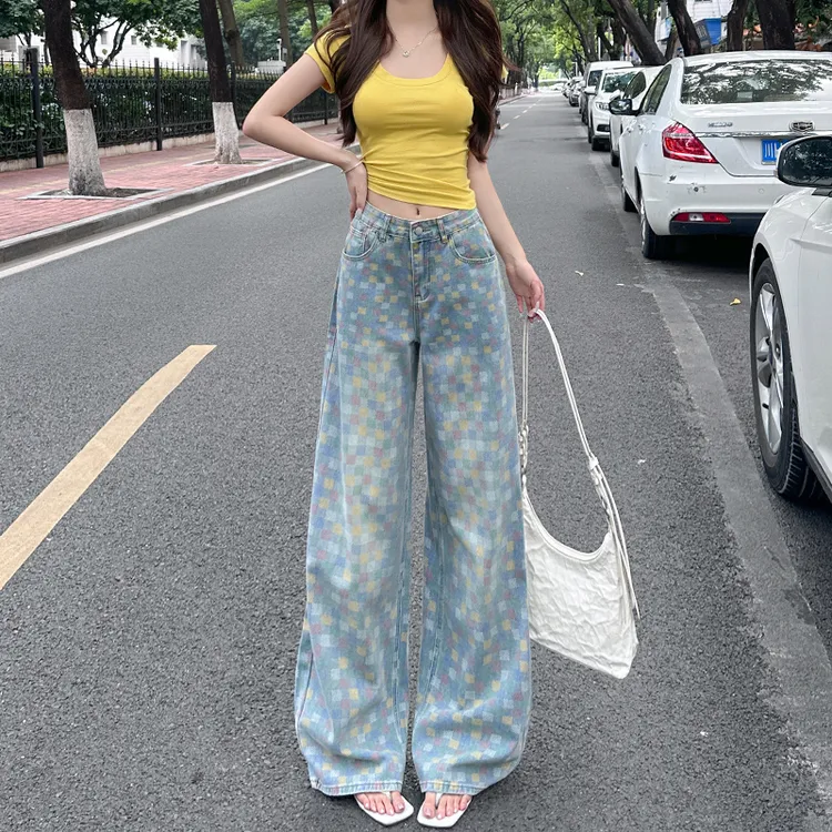 驴家夏季薄款新款彩色棋盘格窄版直筒牛仔裤女宽松显瘦百搭阔腿裤