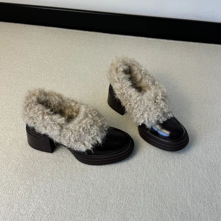 六也「韩版卷毛」7号圆头4cm/7cm深口混纺羊毛保暖柔软皮鞋 L1148