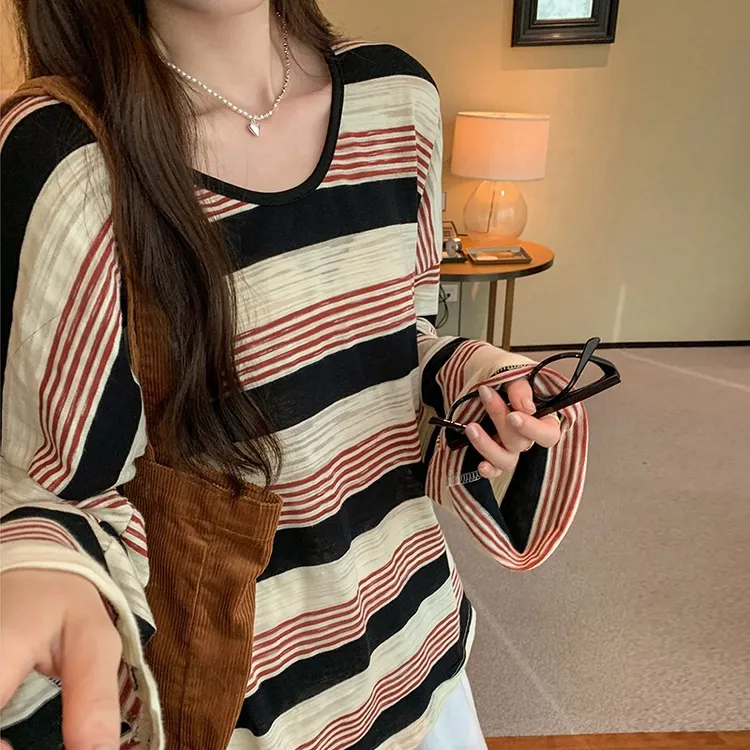 黑红条纹宽松慵懒V领长袖薄款防晒罩衫T恤女早秋新款港风复古上衣