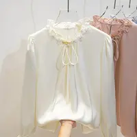 2716法式气质百褶花边领衬衫女上衣长袖缎面垂感木耳边立领衬衣