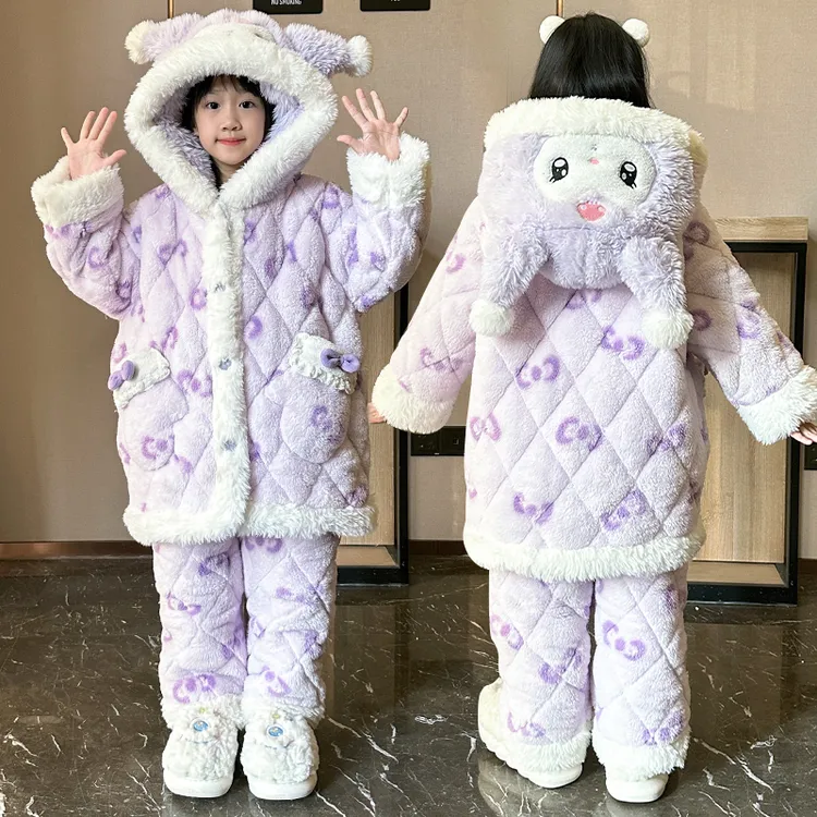 儿童睡衣冬季新款法兰绒女童三层夹棉加绒加厚中长款家居服可外穿