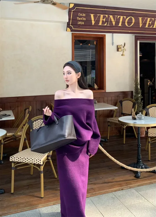 时尚复古气质高级一字肩针织毛衣半身裙套装#66453