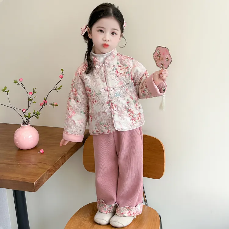 女童冬季新中式国风拜年服套装加绒加厚新年衣服中小童洋气外套
