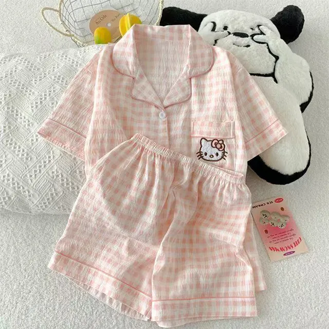 女童睡衣夏季薄款短袖儿童云朵棉卡通格子中大童小女孩家居服套装