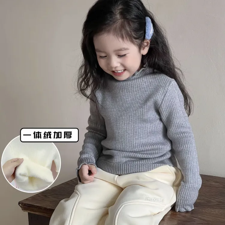女童加绒毛衣秋冬新款高领一体绒内搭女孩柔软亲肤针织上衣