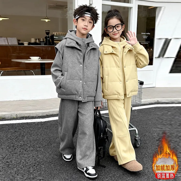 儿童装男童冬装加绒套装2025新款中大童秋冬季加厚女童帅气三件套