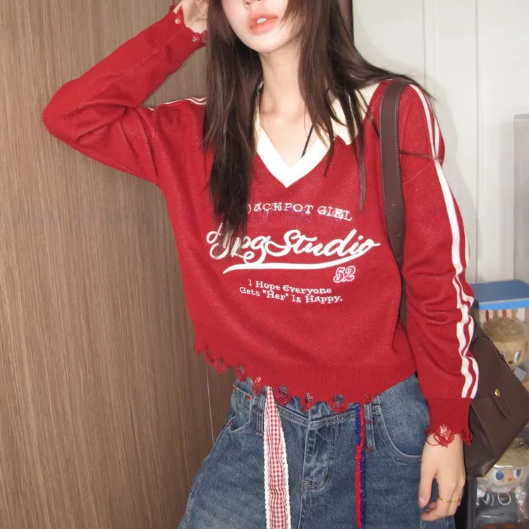 【纽约街头】设计师感美式撞色拼接V领针织毛衣女显瘦短款套头上衣