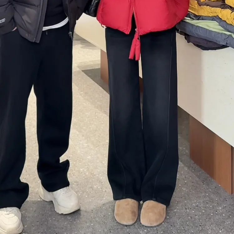 宿慕SUMU 冬季新款设计感拼接加绒加厚牛仔裤12-9阔腿长裤35111