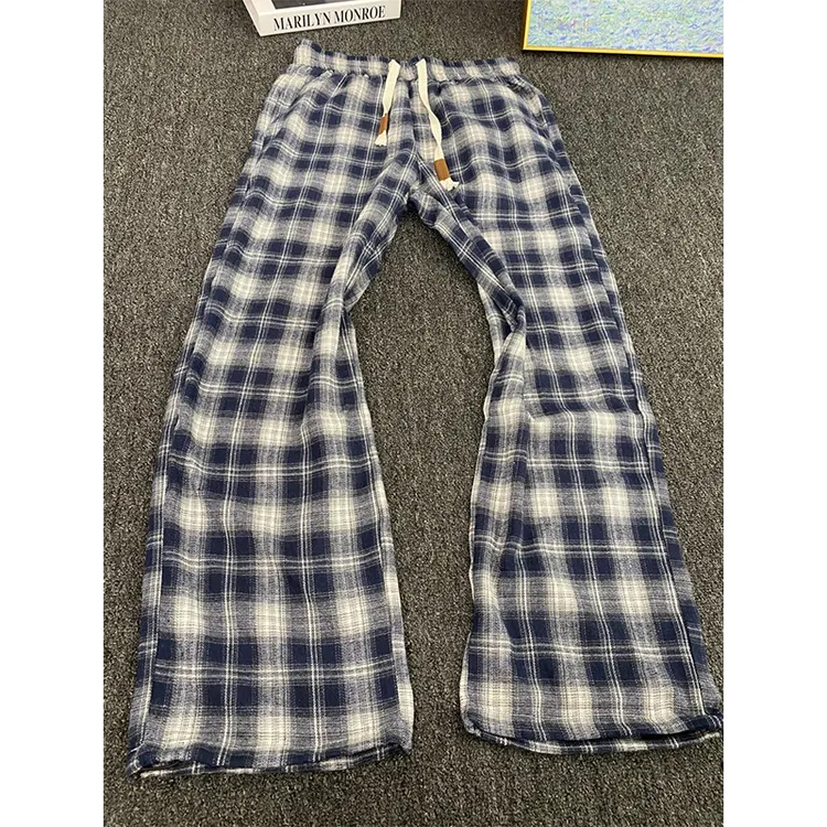 藏青色慵懒松弛感格子裤男女夏季薄款显瘦直筒oversize裤子阔腿裤