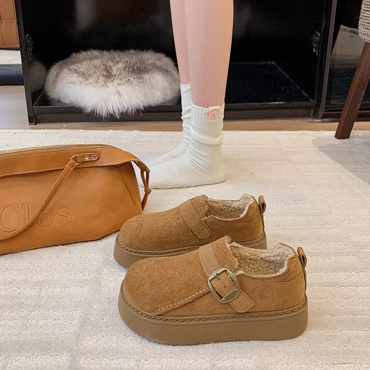 达尔惠/松糕厚底勃肯鞋女2025新款冬季加绒百搭乐福鞋雪地靴棉鞋