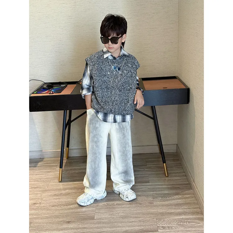 男童秋季时尚个性毛呢马甲格子长袖衬衫韩版宽松休闲两件套中大童