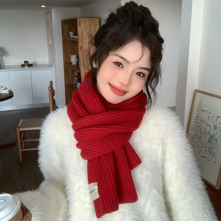 新年红色北极绒针织围巾男女款秋冬季圣诞节学生情侣加厚毛线围脖