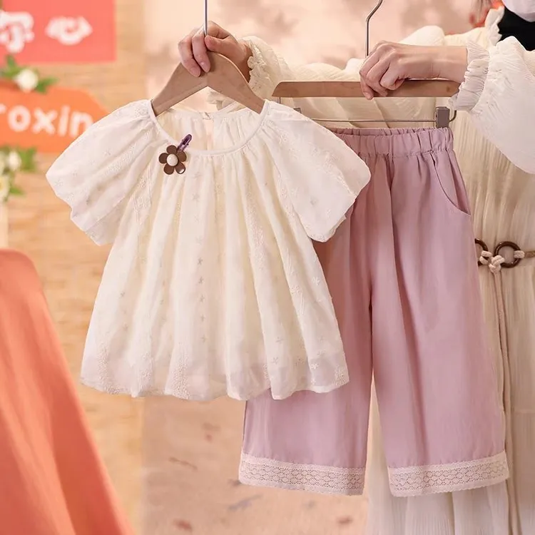 女童立体花朵时尚套装2025夏季儿童薄款潮流短袖上衣阔腿裤两件套