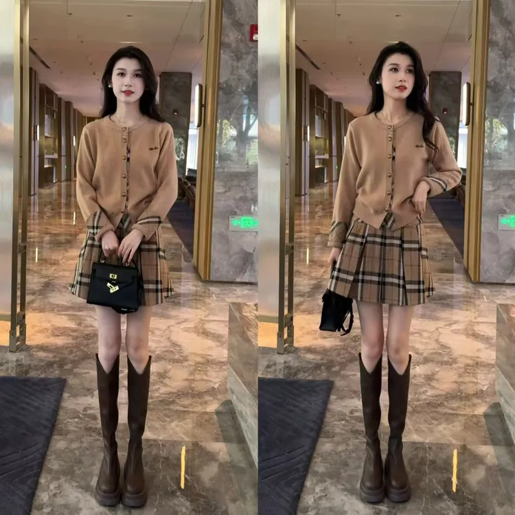 格纹撞色圆领设计感针织开衫高腰显瘦半身裙两件套