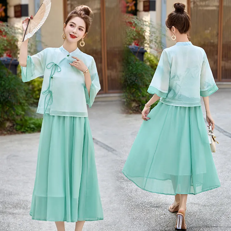 时尚套装女装2025夏天衣服夏季中式改良水墨印花汉服休闲套装裙子