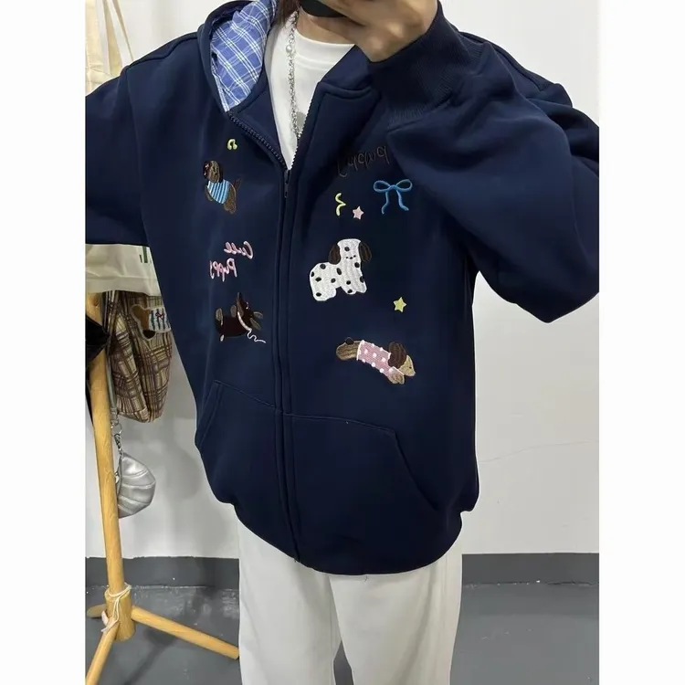 美式复古小狗刺绣加绒连帽卫衣女格子拼接秋冬慵懒假两件开衫外套
