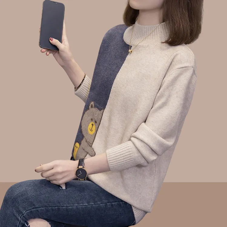 包芯纱2025年秋冬季新款长袖拼色卡通提花针织衫上衣大码女装毛衣