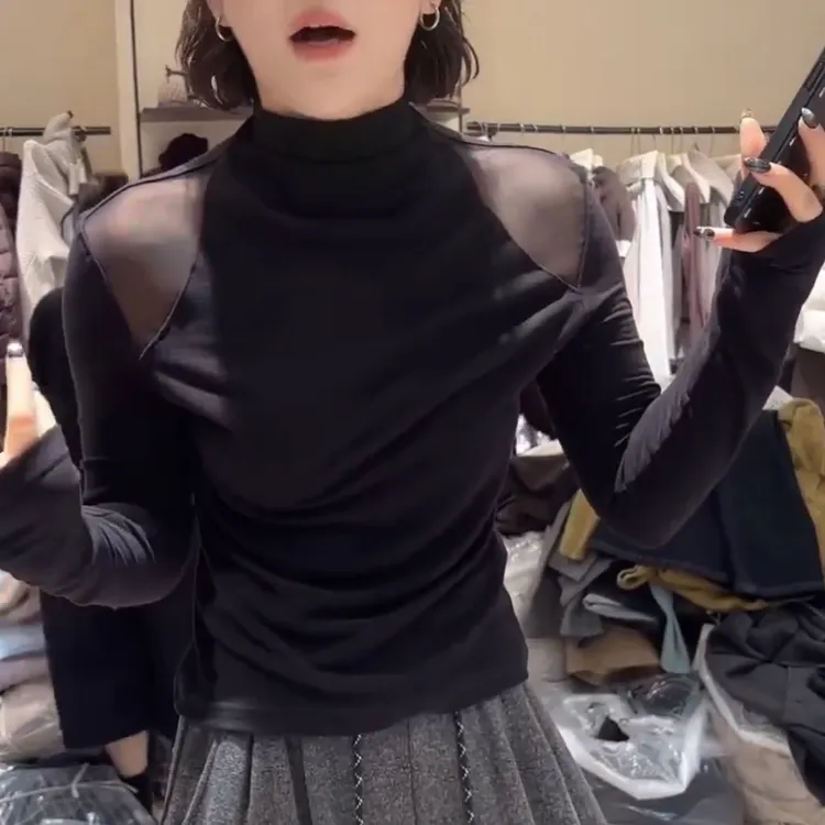 纯欲风设计感网纱露肩双面德绒打底衫女2025新款秋季韩版长袖T恤