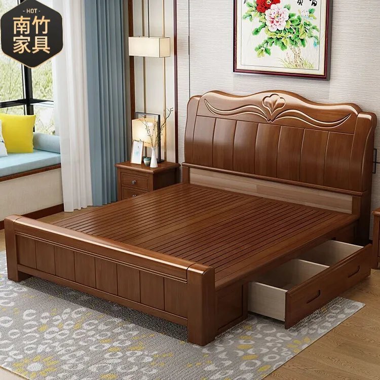 新中式加厚实木大床静音气压储物单双人带抽屉婚床中古风简约家用