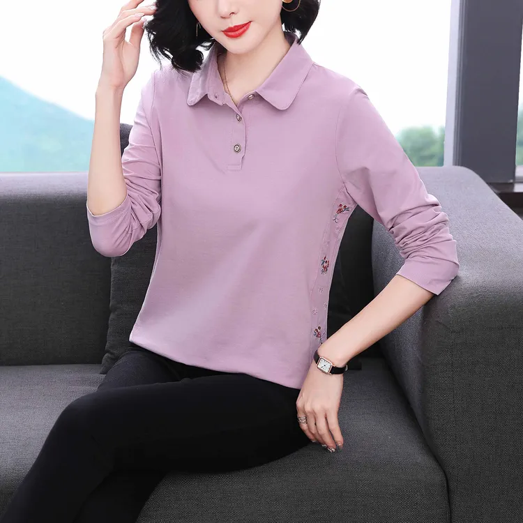 妈妈装春秋季打底衫2025新款翻领长袖t恤中老年女装秋衣百搭上衣