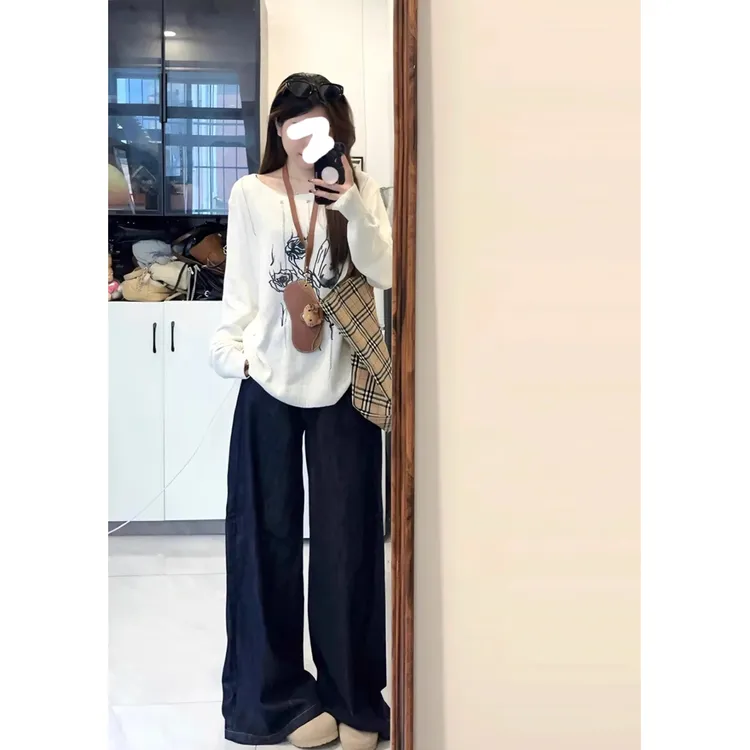 T321【RONZE潮流】原牛美式ins蓝灰色阔腿牛仔裤女宽松拖地裤子