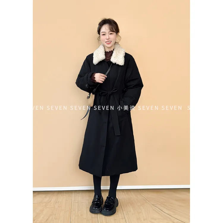 ①七七146小个子翻毛领90白鸭绒过膝中长款风衣派克羽绒服女小美说