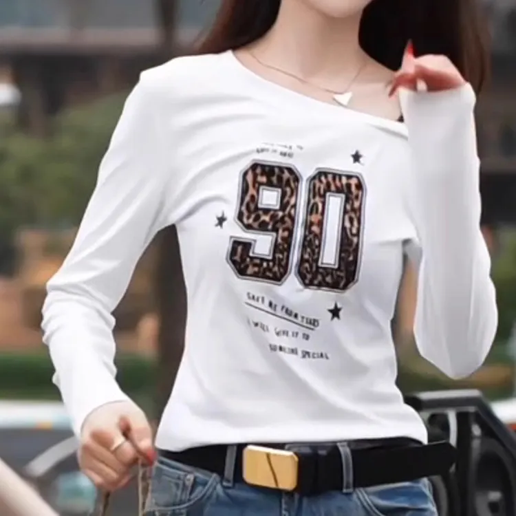 2025年早秋韩版豹纹拼接露肩长袖字母印花t恤女时尚洋气百搭上衣