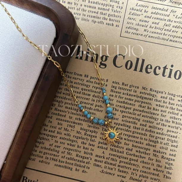 钛钢项链 复古民族风蓝色串珠星芒吊坠项链长短可调节