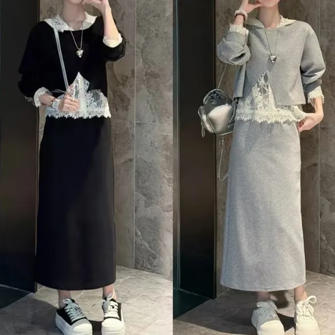 2025春季新款韩系慵懒通勤蕾丝连帽后背开叉减龄休闲裤两件套装