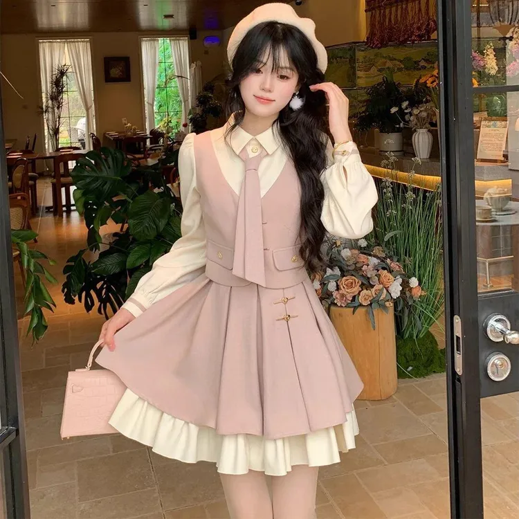 9050#南法微风 连衣裙收腰显瘦气质假两件加厚磨毛裙