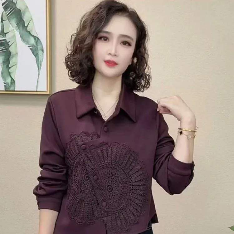 2025秋季翻领新款休闲时尚显瘦气质洋气百搭蕾丝拼接打底长袖衬衫
