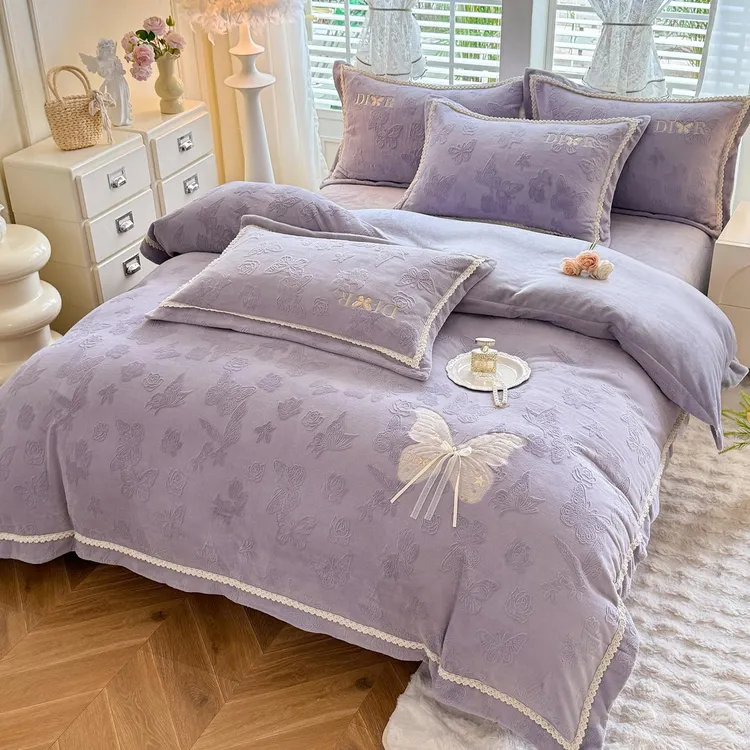 韩版雕花牛奶绒保暖床上四件套冬天珊瑚绒床单被套紫色加绒床品