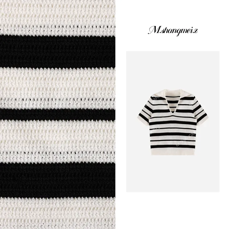 M.SHANGMEI.Z/沐熙【黑白分明】美大哥条纹v领透气针织上衣X072748