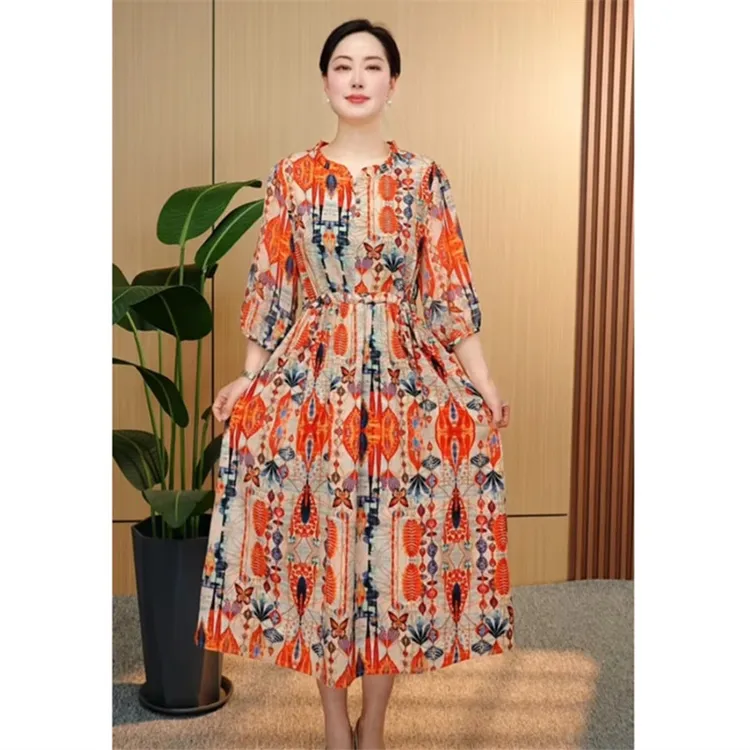 收腰宽松显瘦显白中老年妈妈装连衣裙中长款夏季气质时尚裙子女