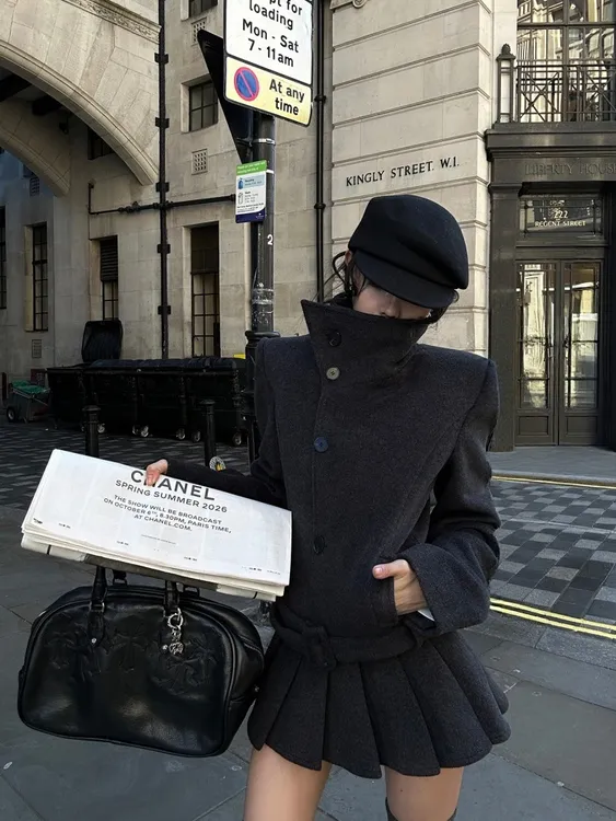 复古学院风立领毛呢外套短裙套装女秋冬新款小个子收腰显瘦两件套