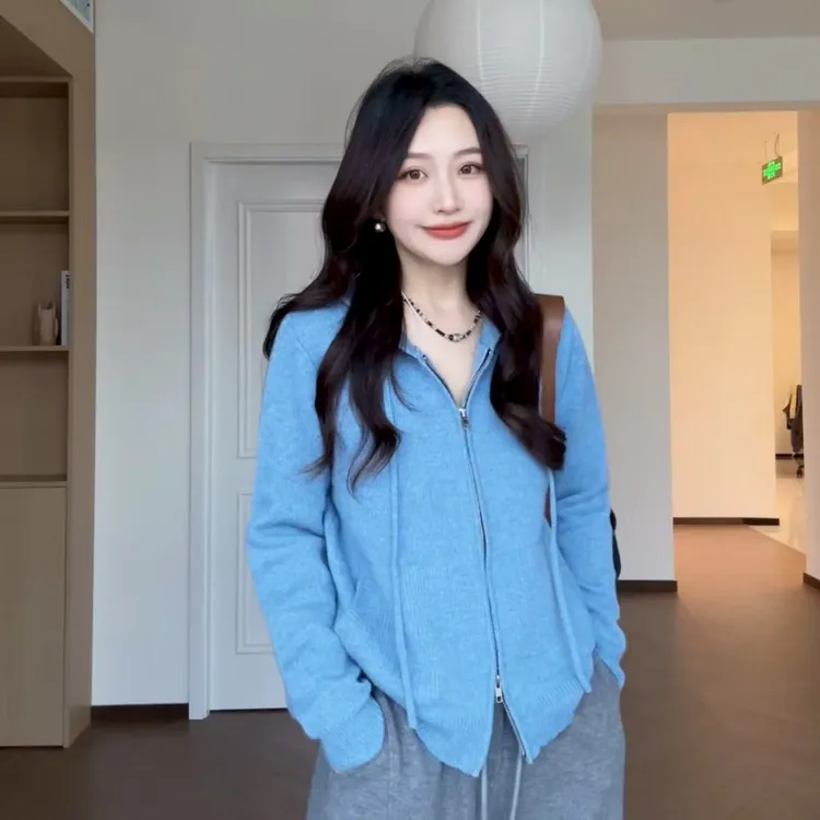 【静暖交织】绵羊毛显白抽绳双头拉链针织长袖显瘦慵懒针织衫